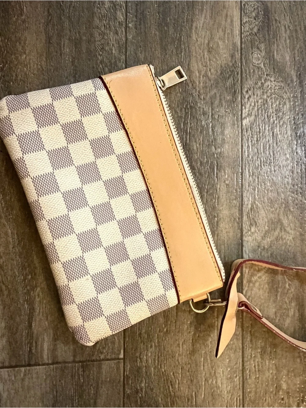 Beige Checkered Wristlet Clutch with Leather Trim